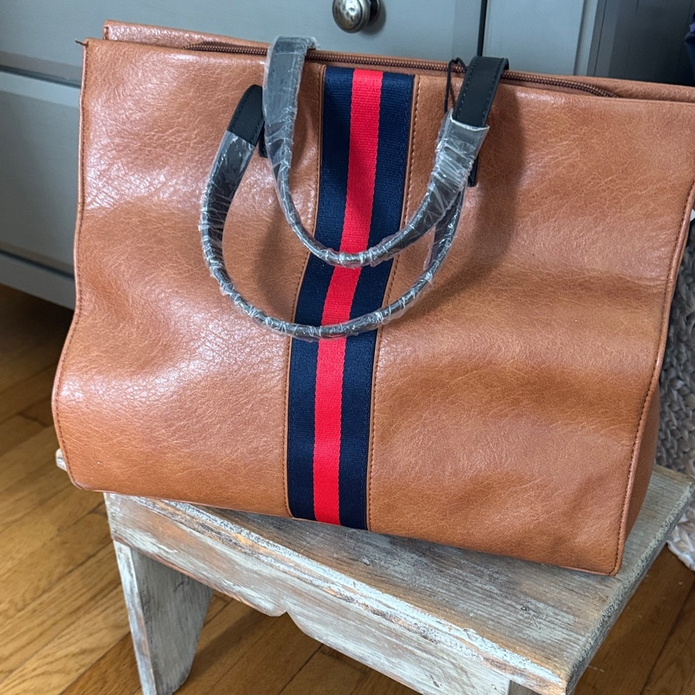 Brown Leather WomensBag with Red and Black Stripes